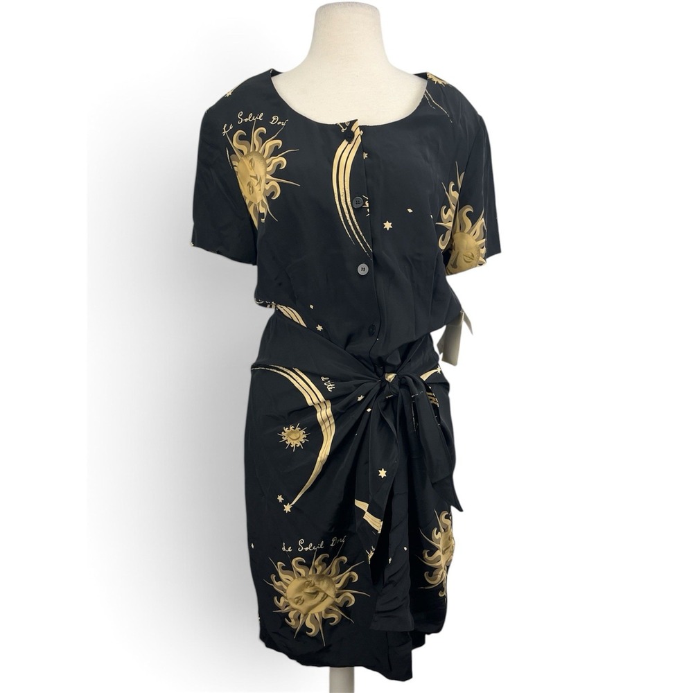 Silk Crepe Equinox Celestial Sun Moon Dress Sz 12 NWT Black Gold 90s Witch Wrap